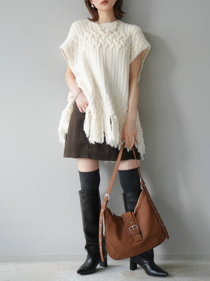 [予約]ケーブルニットフリンジベスト/ベージュ
