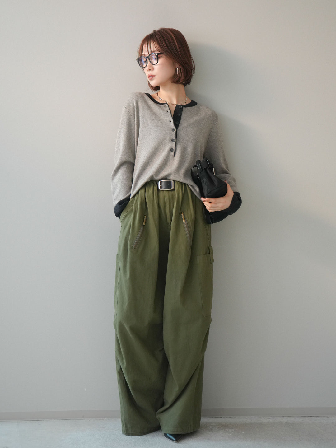 [SET]ヘンリーネック配色ニットソー+コットンタックループパンツ(2set)