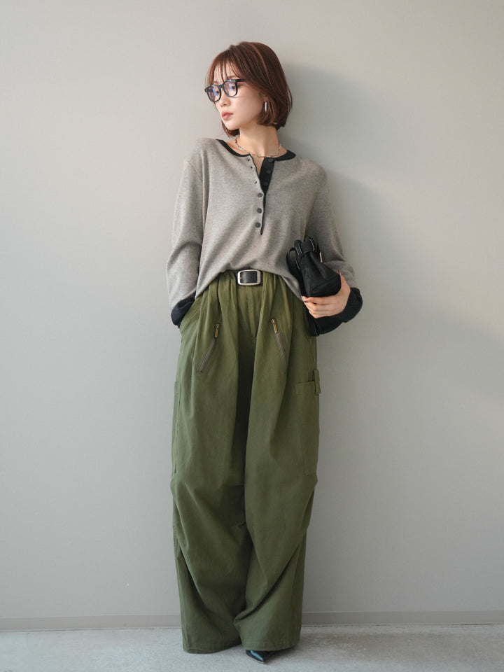 [SET]ヘンリーネック配色ニットソー+コットンタックループパンツ(2set)