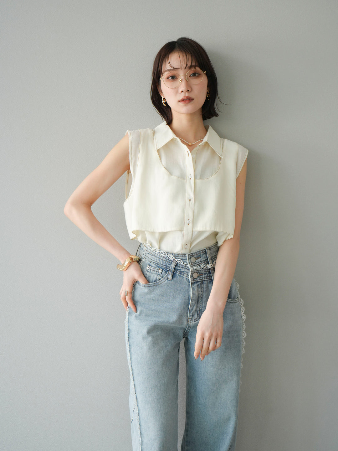 [SET]ステッチシアーレイヤードデザインブラウス+ラインレースデニムパンツ(2set)