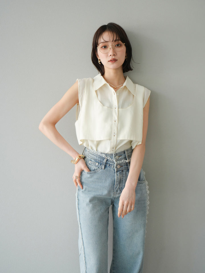 [SET]ステッチシアーレイヤードデザインブラウス+ラインレースデニムパンツ(2set)