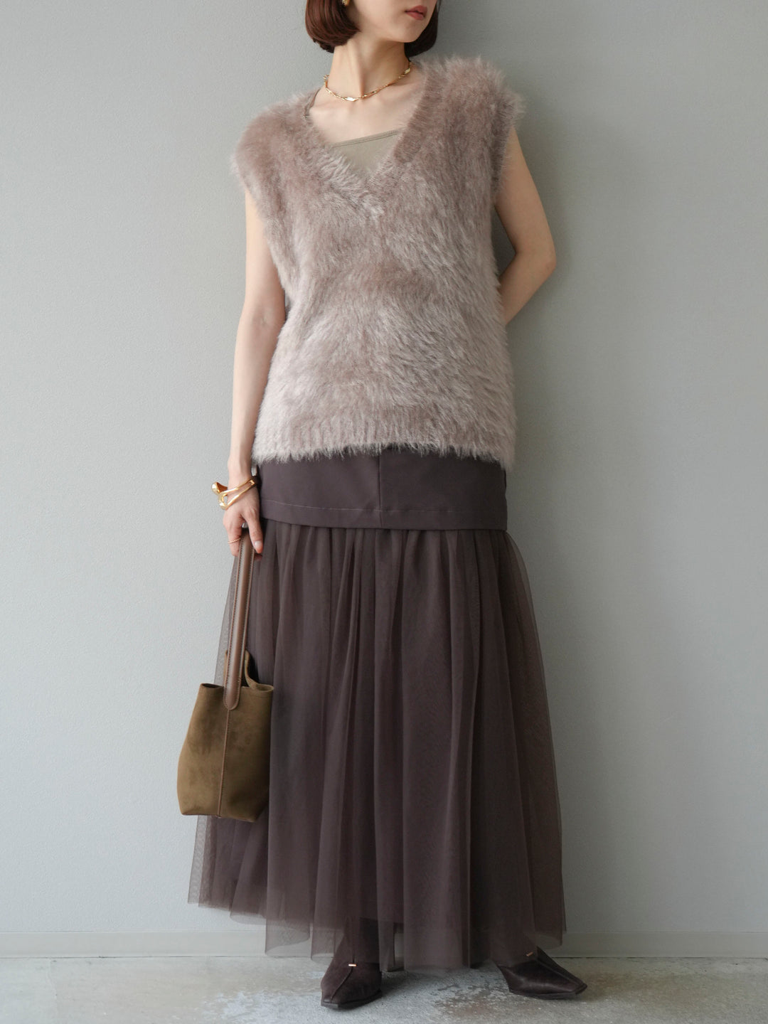 [予約]エステル切替チュールスカート/ブラウン