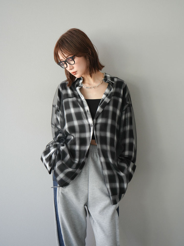 [予約]チュールドッキングチェック柄オーバーサイズシャツ/ブラック