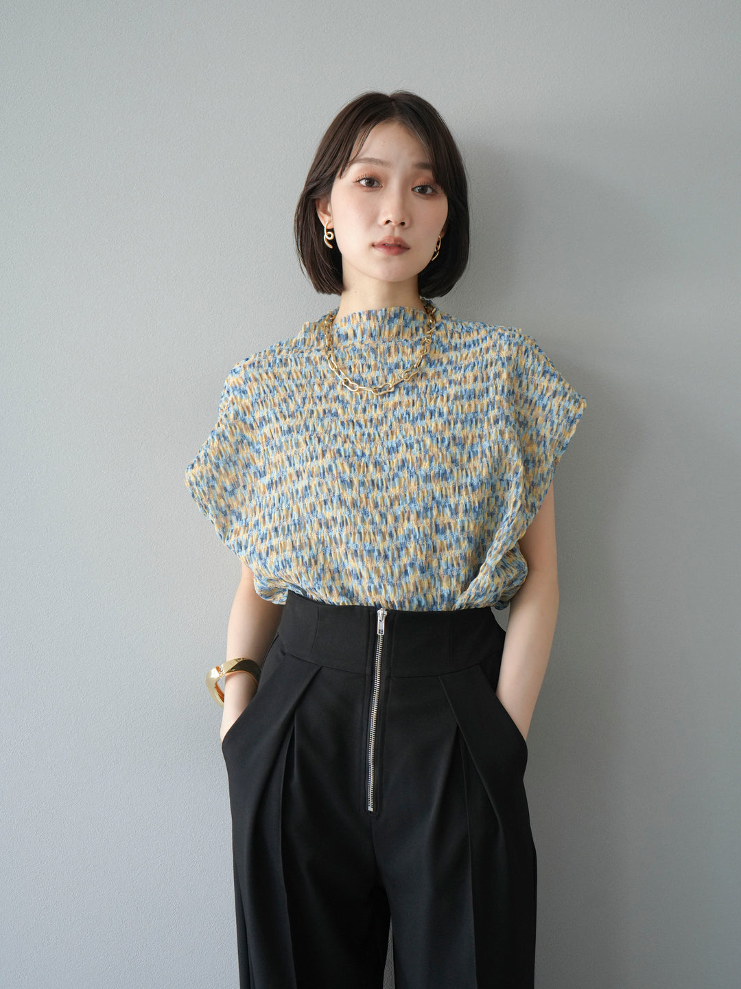 [SET] 多色隨機百褶法式上衣+拉鍊褶襉寬褲（2件套）