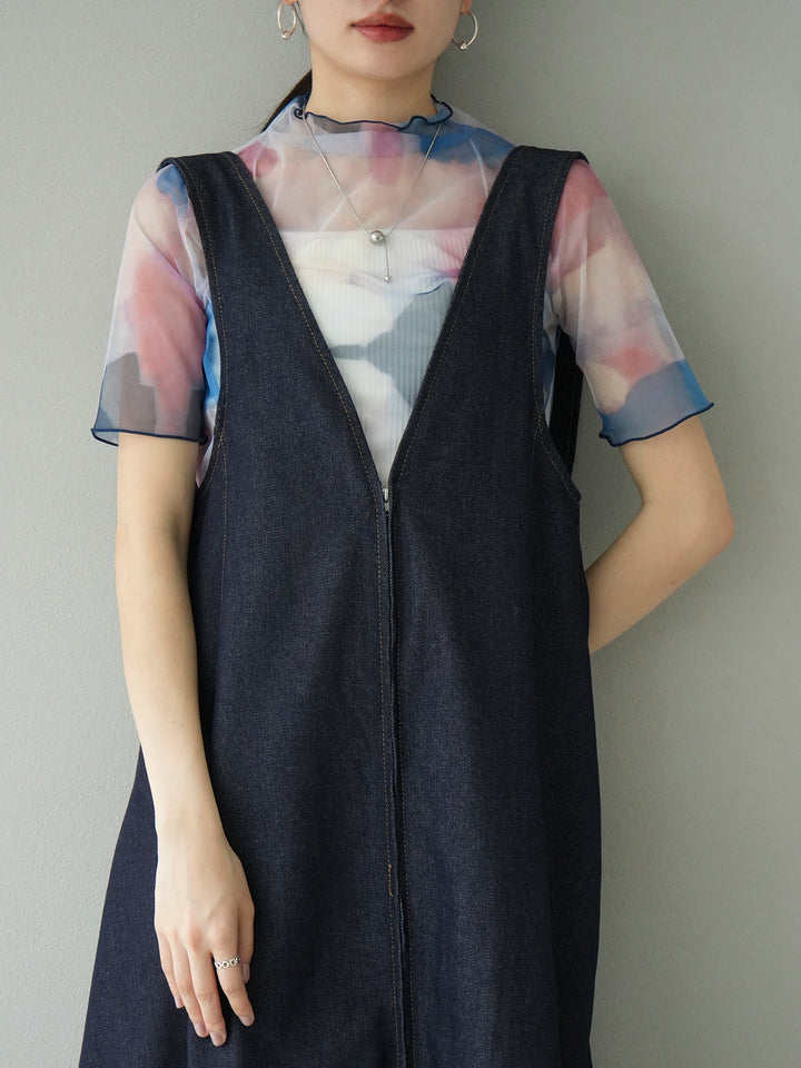 [Pre-order] Nuanced pattern petite neck 5/8 sleeve mesh top/pink