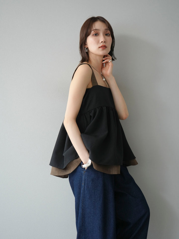 [予約]リネンライク配色フレアタンクトップ/ブラック