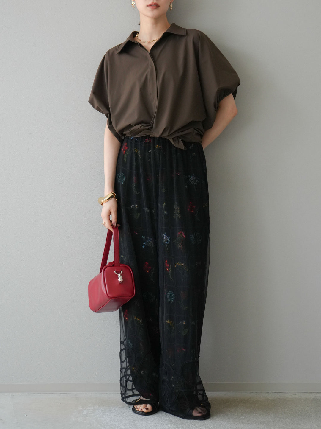 [予約]パッチワークフラワープリントイージーパンツ/ブラック