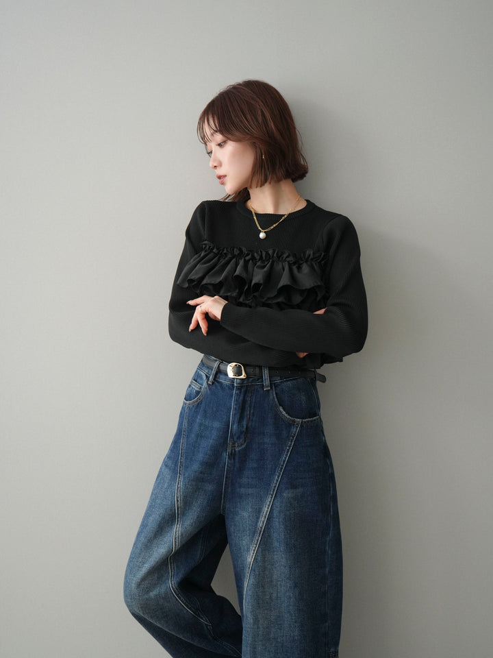 [予約]フリルビスチェドッキングスポンジニットプルオーバー/black