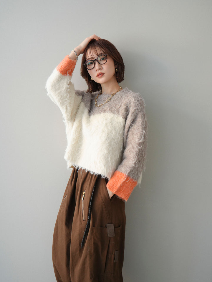 [SET]バイカラーモヘアタッチニットプルオーバー+コットンタックループパンツ(2set)