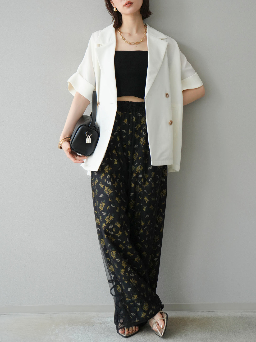 [予約]ブーケプリントタックパンツ/ブラック