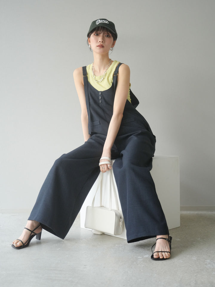 [予約]リネンタッチボタンサロペット/チャコール