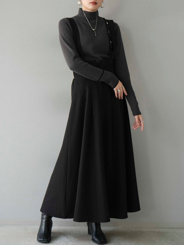 [預訂] 瓶頸配色設計紐扣針織上衣/炭灰