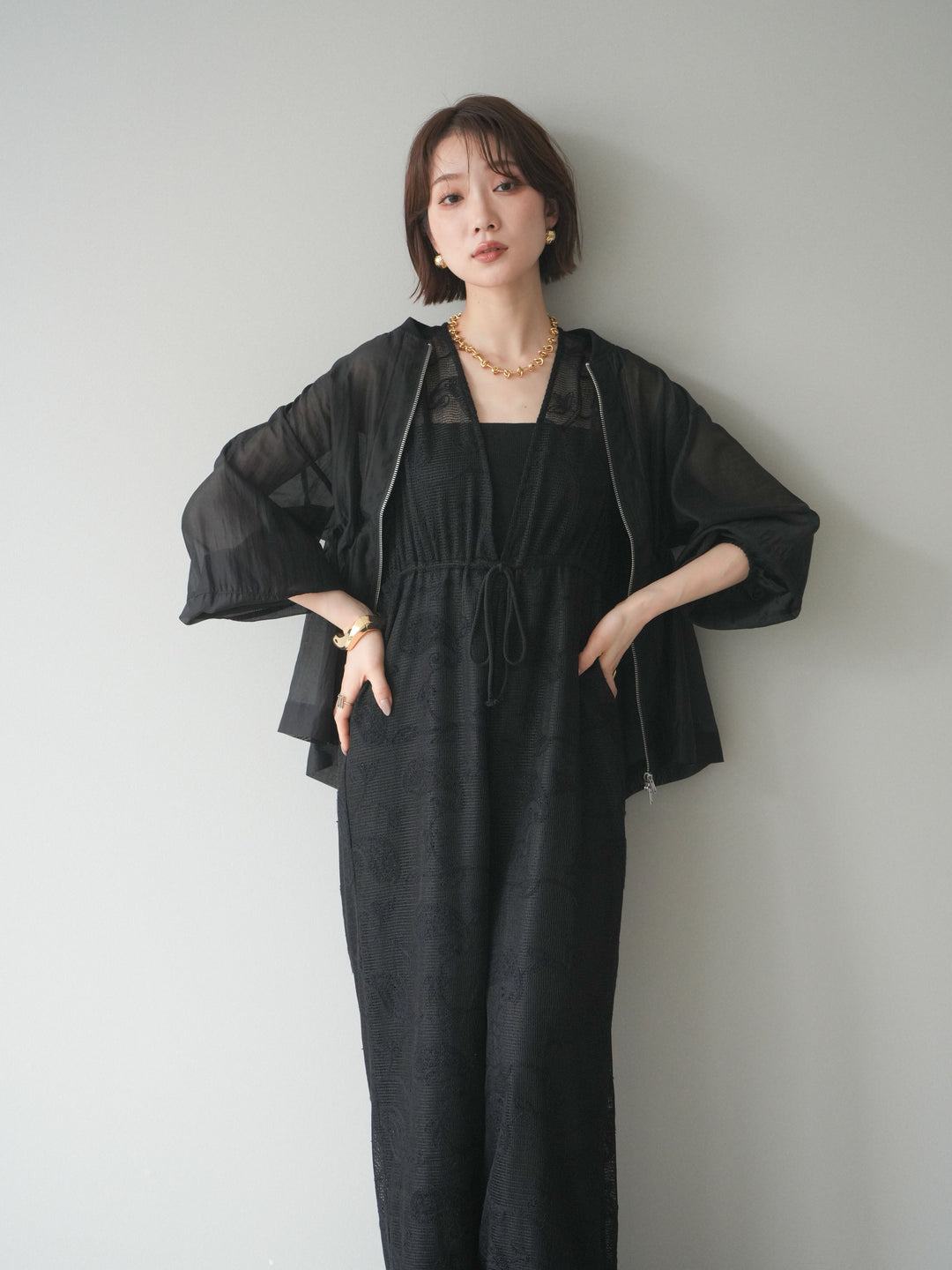 [SET]レース刺繍サロペット+ドロストシアーブルゾン(2set)