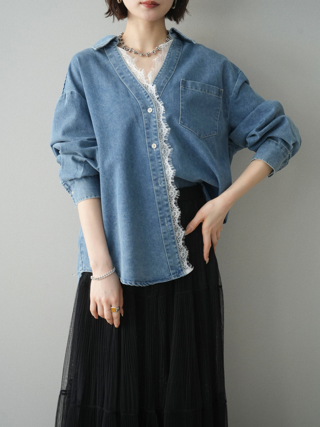 [SET]レースレイヤードデニム開襟シャツ+ラメプリーツレイヤードチュールロングスカート(2set)