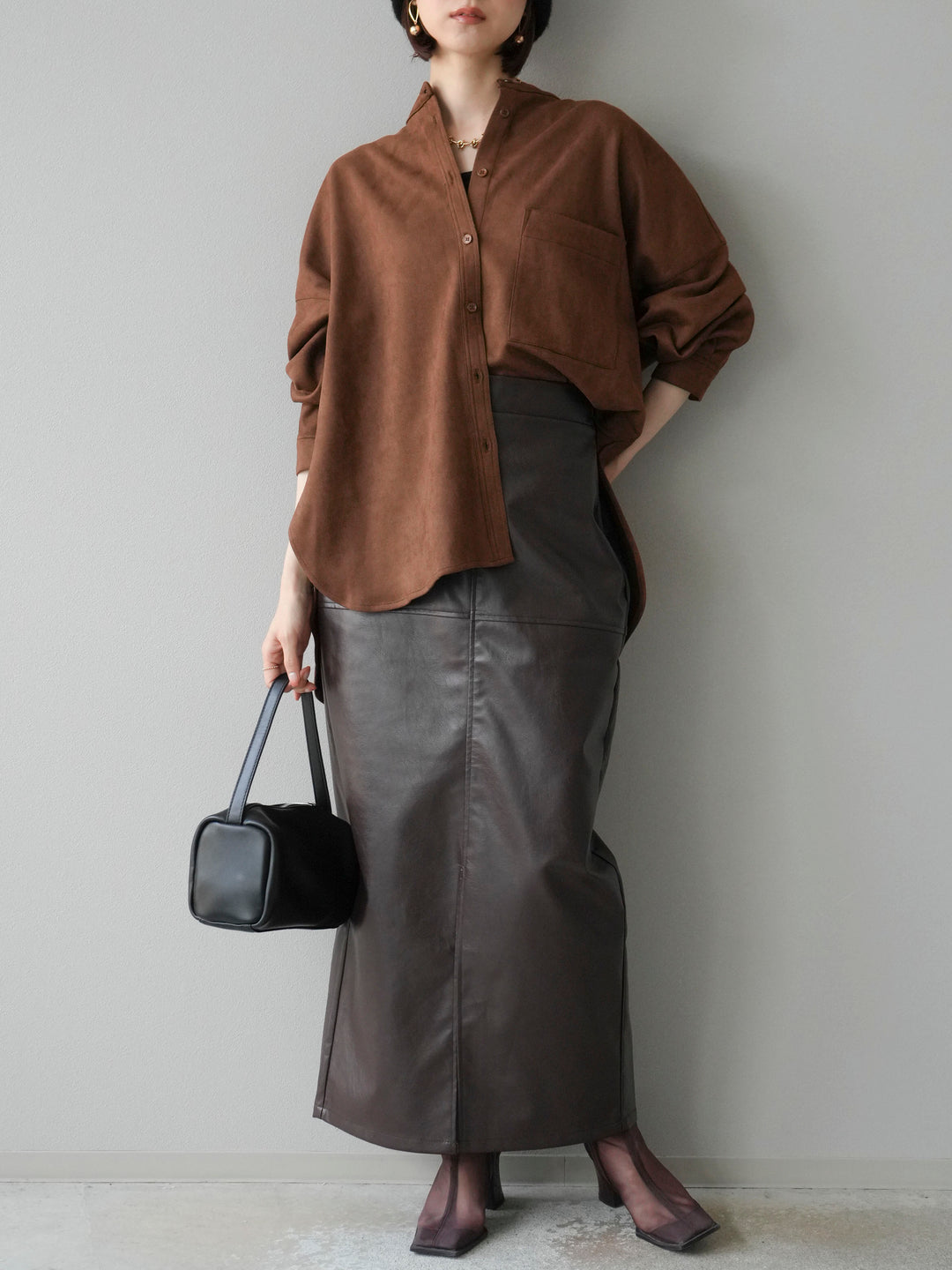 [予約]フェイクレザーフロントスリットスカート/ブラウン