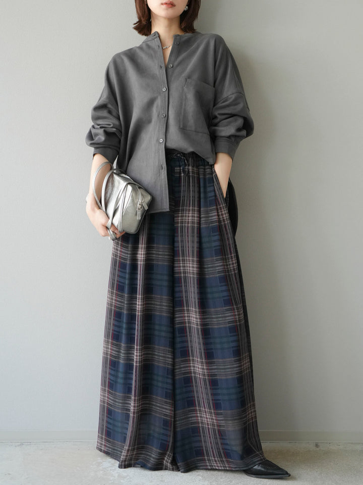 [SET]スエードバンドカラーオーバーシャツ+シアーチェックバギーパンツ(2set)