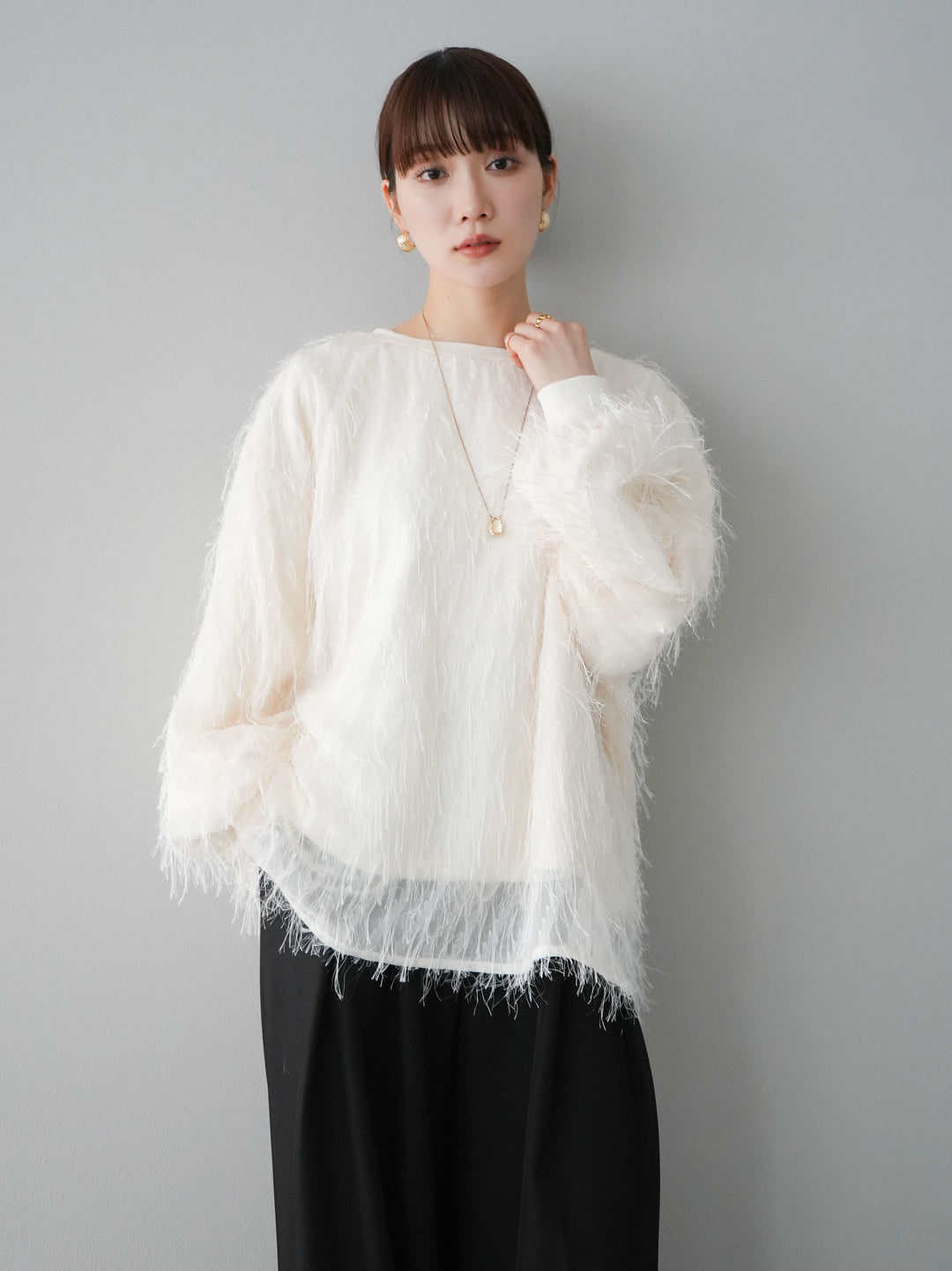 【預購】流蘇薄紗多層抓絨套頭衫/象牙色
