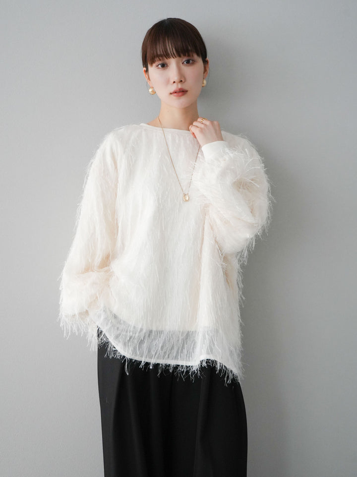 【預購】流蘇薄紗多層抓絨套頭衫/象牙色