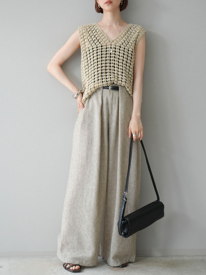 [予約]リネンライクベルト付タックループワイドパンツ/ベージュ