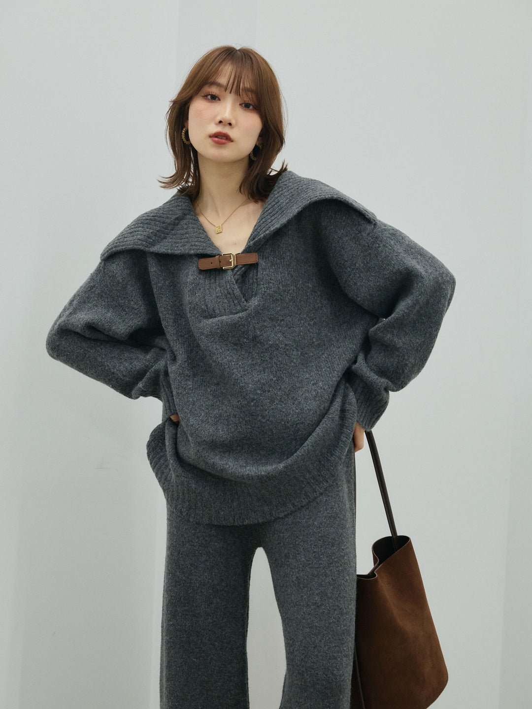 [SET]ベルトデザインポロニット&ニットパンツSET UP