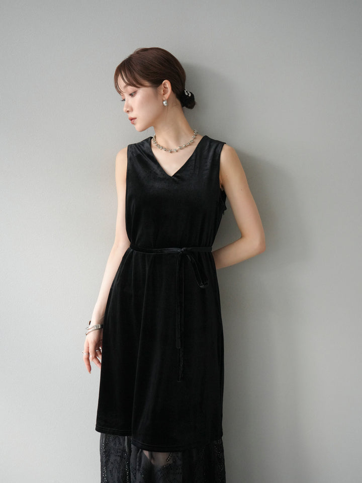 [予約]裾コットンレースベロアワンピース/ブラック