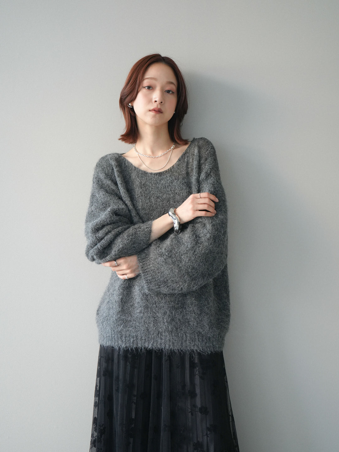 [SET]透かしデザインニットプルオーバー+フラワーフロッキーチュールプリーツスカート(2set)