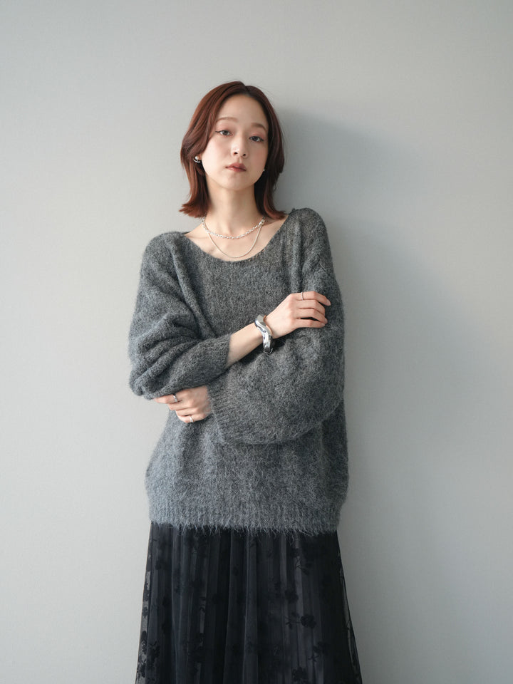 [SET]透かしデザインニットプルオーバー+フラワーフロッキーチュールプリーツスカート(2set)