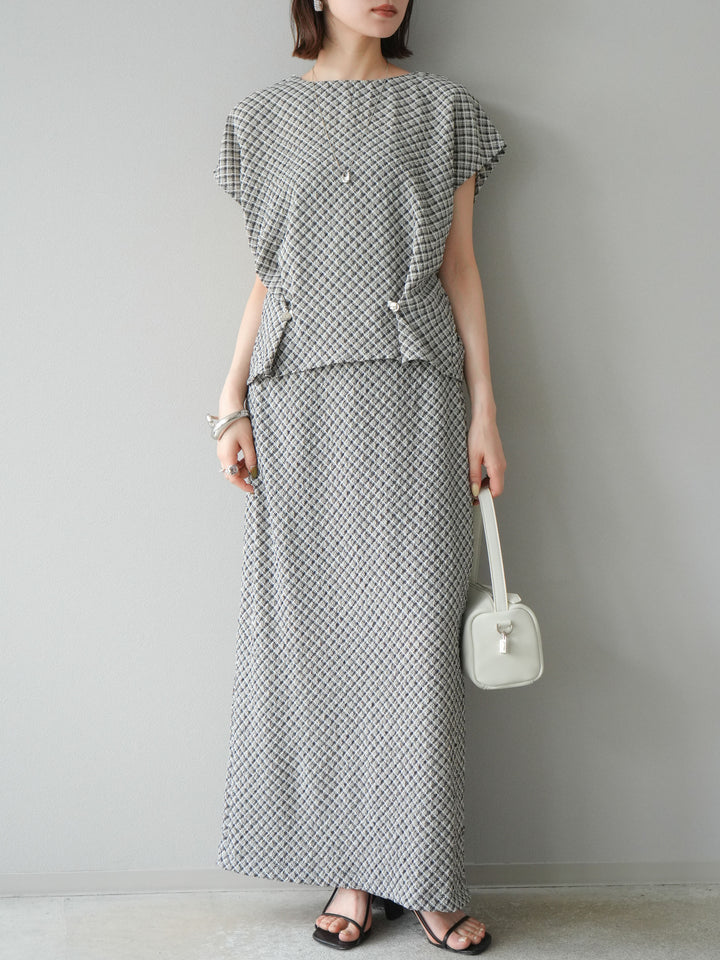 [予約]チェック柄タックデザインフレンチスリーブトップス/ブラック