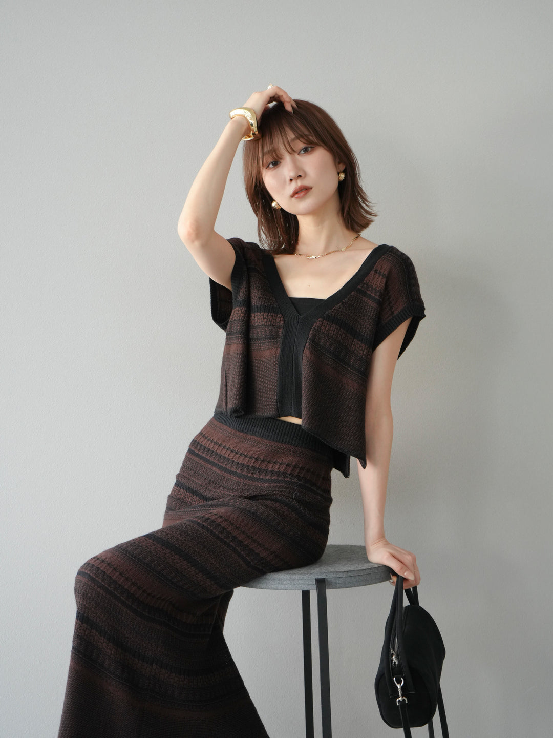 [予約]ガーター編み2WAYニットベスト/ブラウン×ブラック