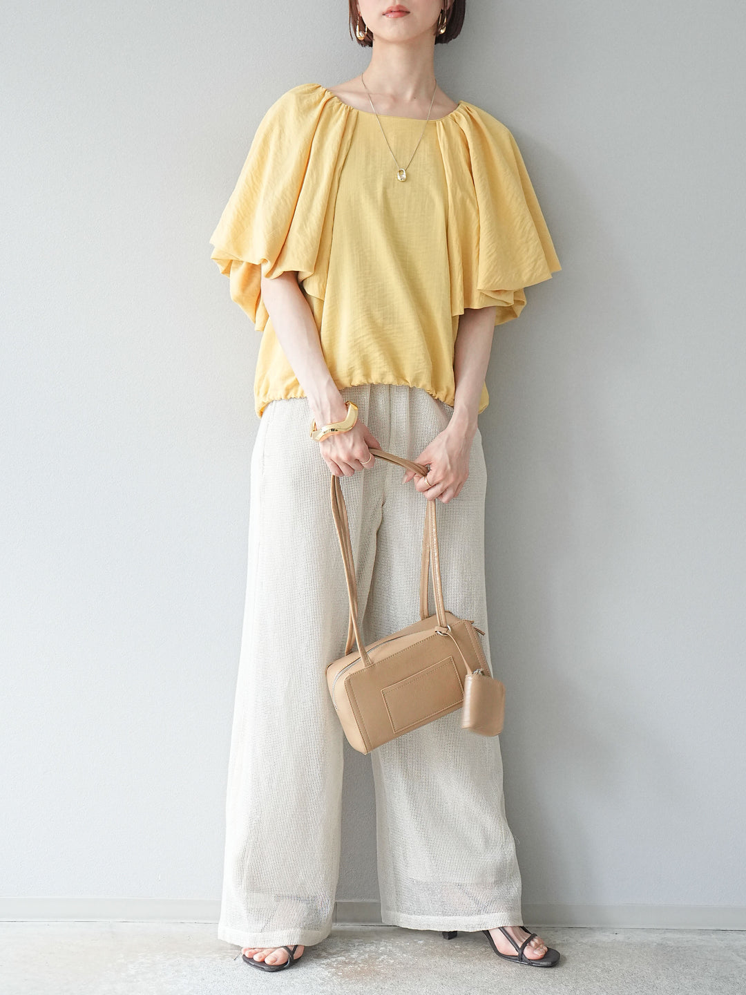 [預購] 棉質金銀絲網眼休閒褲/象牙白