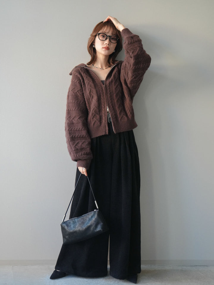 [SET]ケーブル編みハイネックZIPニットカーディガン+ベルトデザインループコールテンワイドパンツ(ベルト付き)(2set)
