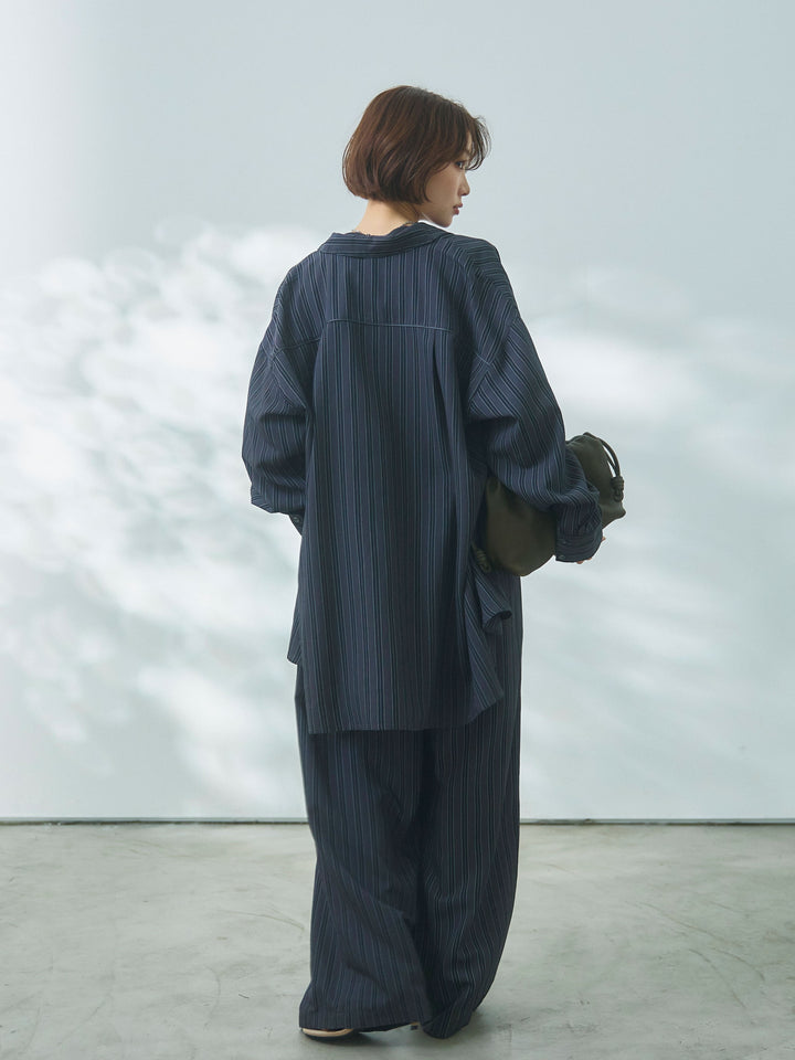 【Allure】[SET]ストライプオーバーシャツ+フロントボタンテレコリブタンクトップ+ストライプイージーパンツ(3set)