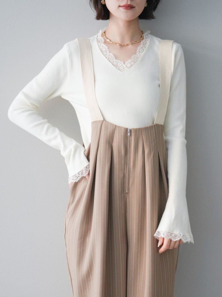 [予約]レースドッキングVネックニットトップス/white