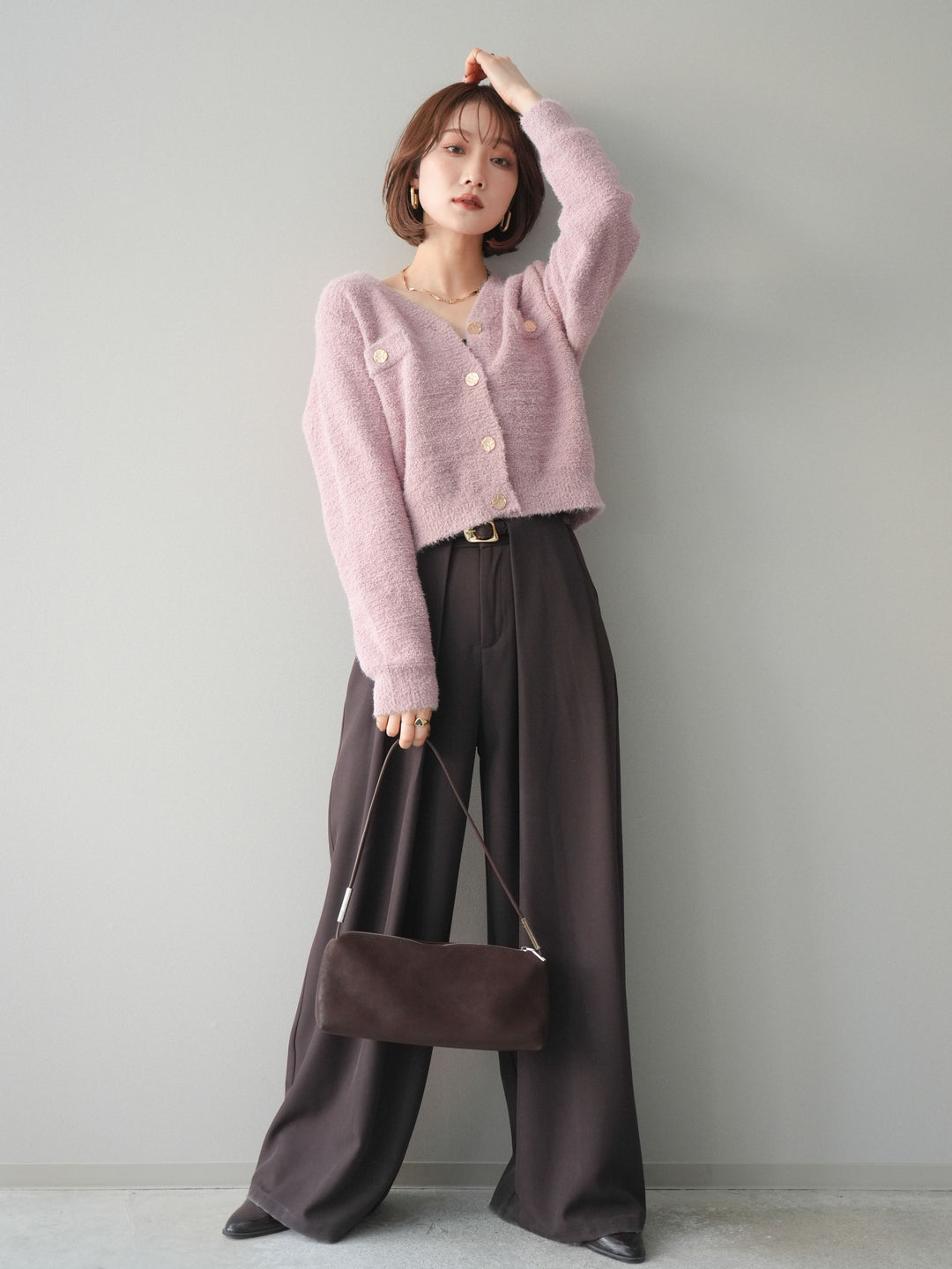 [SET]ゴールドボタンモールニットカーディガン+ベルトループデザインワイドパンツ(2set)
