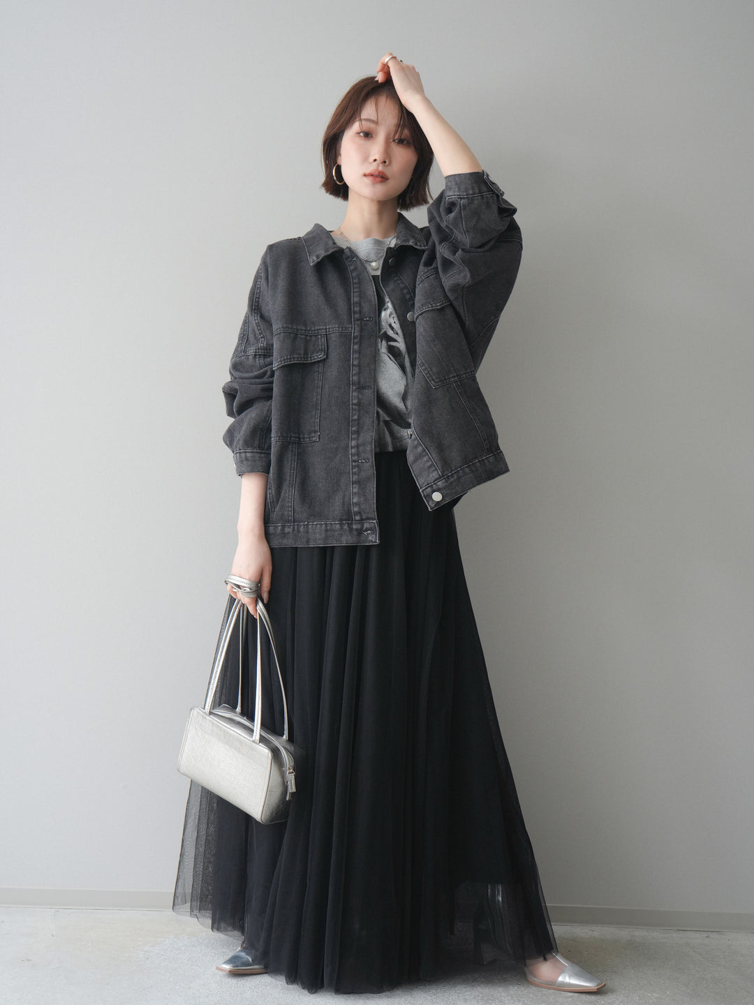 [SET]ルーズシルエットデニムジャケット+チュールボリュームスカート(2set)