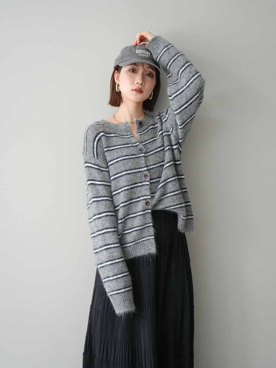 [予約]ボーダーシャギーニットカーディガン/gray