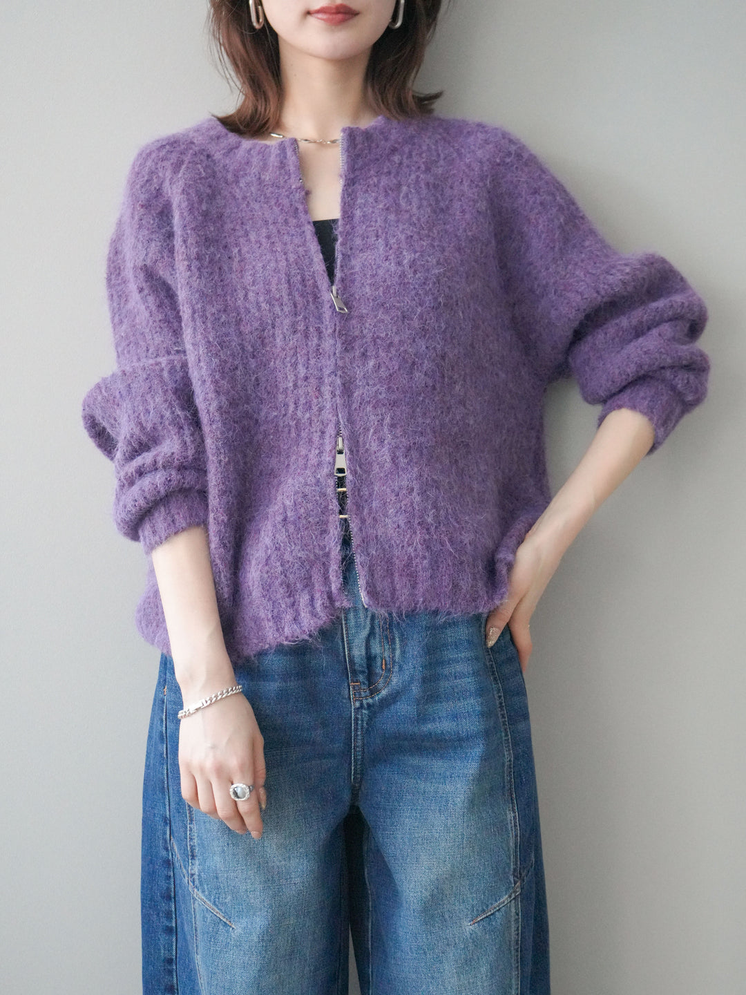 [予約]MIXヤーンモヘアタッチZIPニットカーディガン/purple