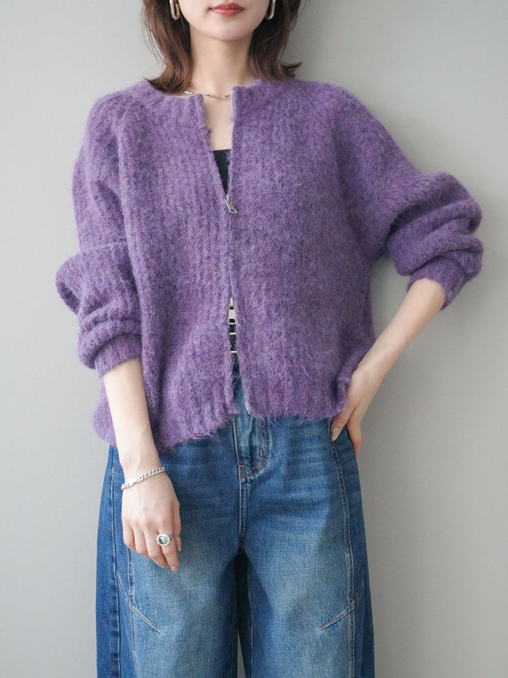 [予約]MIXヤーンモヘアタッチZIPニットカーディガン/purple