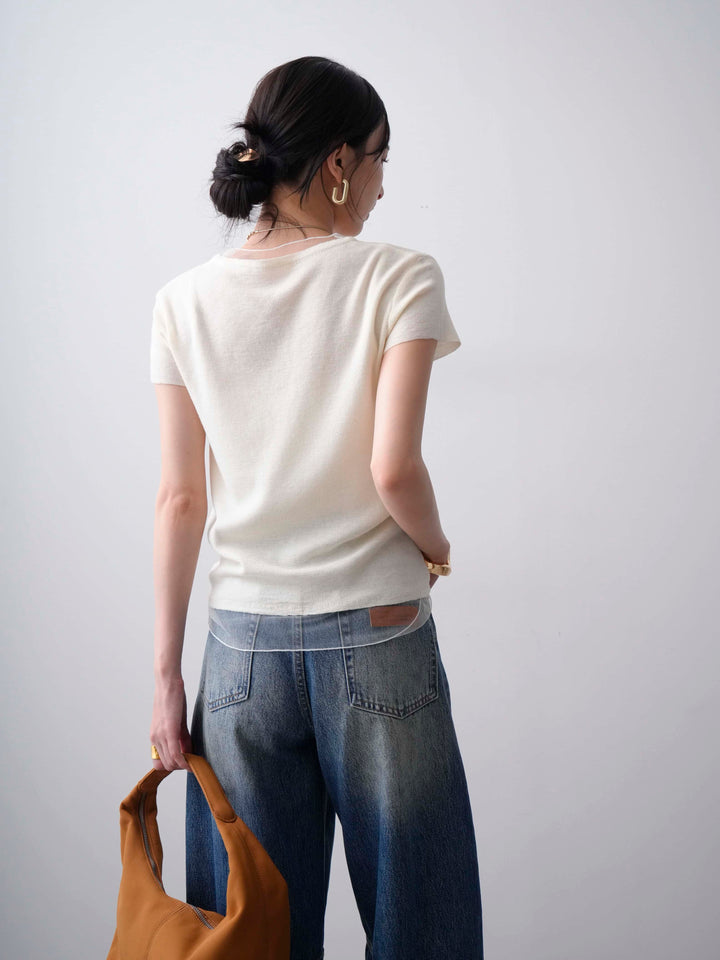 [SET]チュールレーヤードヘンリーフレンチニットトップス+立体カーブデニムパンツ(2set)