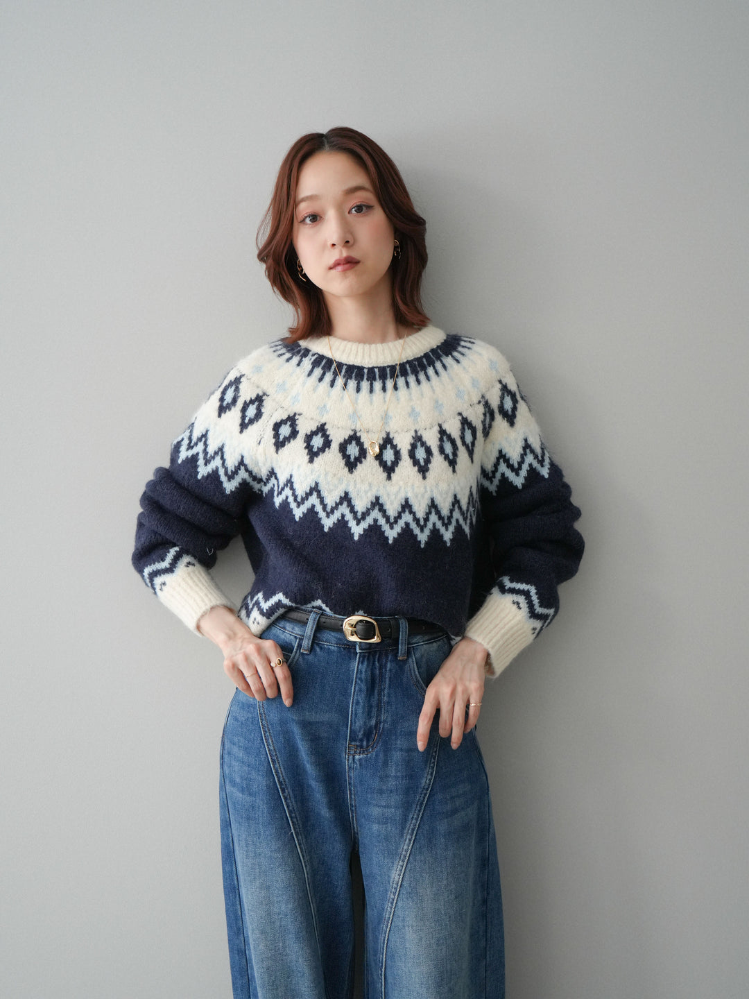 [予約]ノルディック柄ニットプルオーバー/navy