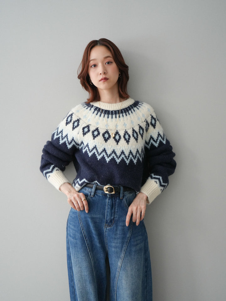 [予約]ノルディック柄ニットプルオーバー/navy