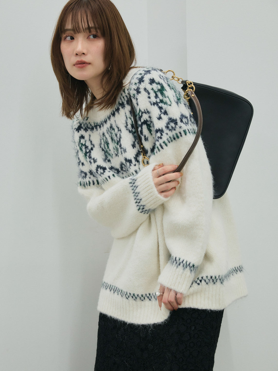 【Allure】[SET]ノルディック柄モックネックオーバニットプルオーバー+起毛レースストレッチナロースカート(2set)