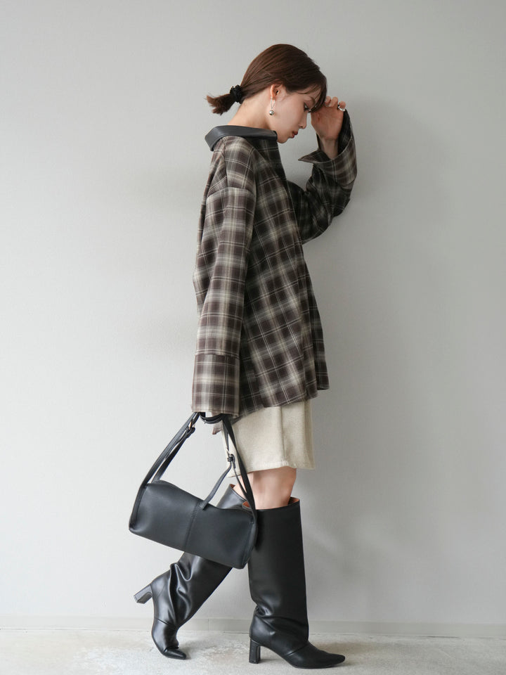 [SET]レザー襟オンブレチェックオーバーシャツ +ツイードハーフパンツ(2set)
