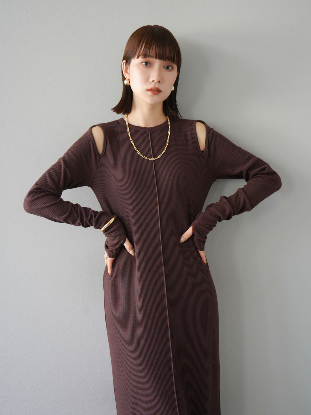 [SET] 鏤空羅紋長袖洋裝+可選配件套裝（2套）