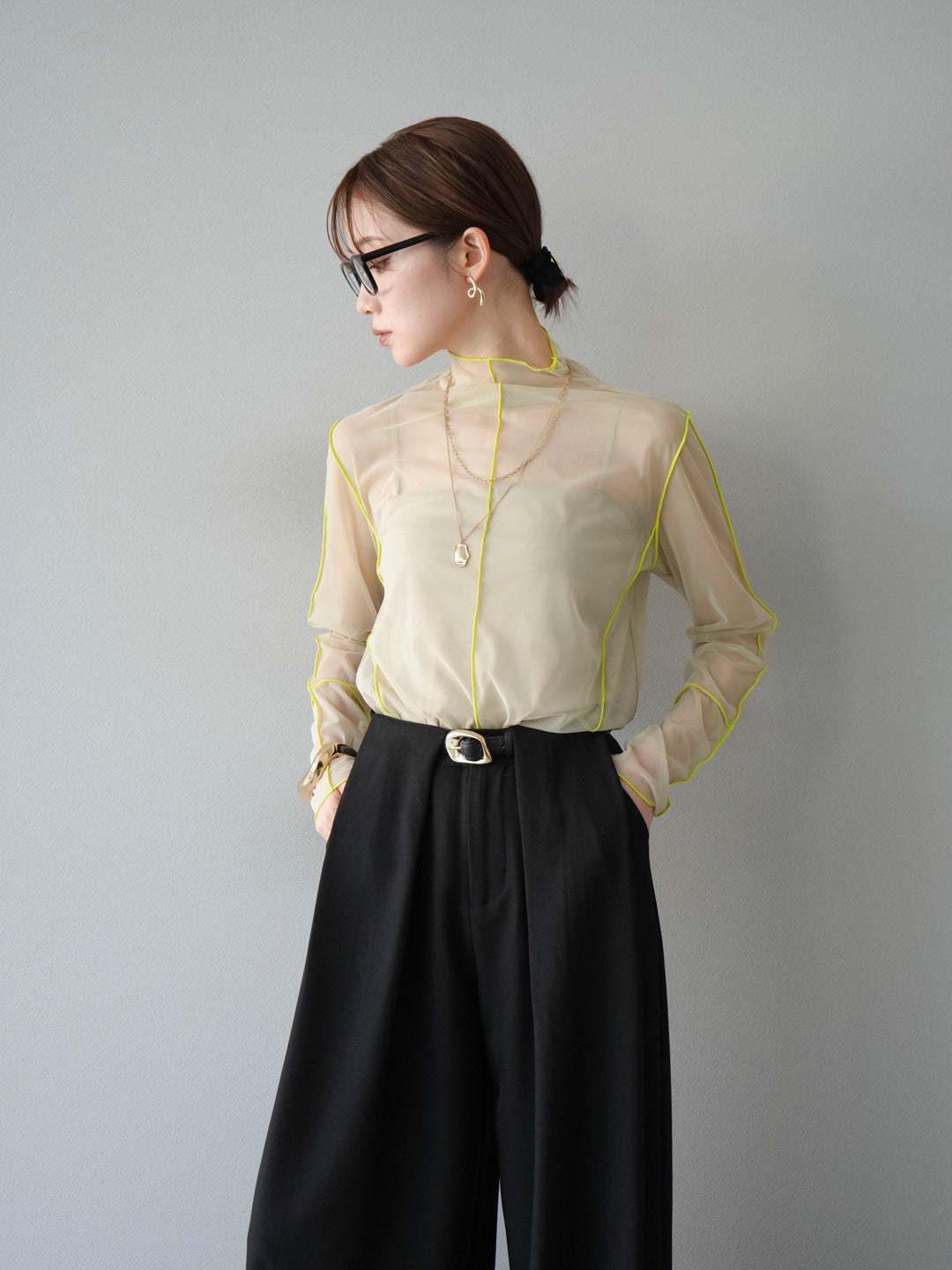 [予約]シアーパイピングカットソー/ピスタチオ×イエロー