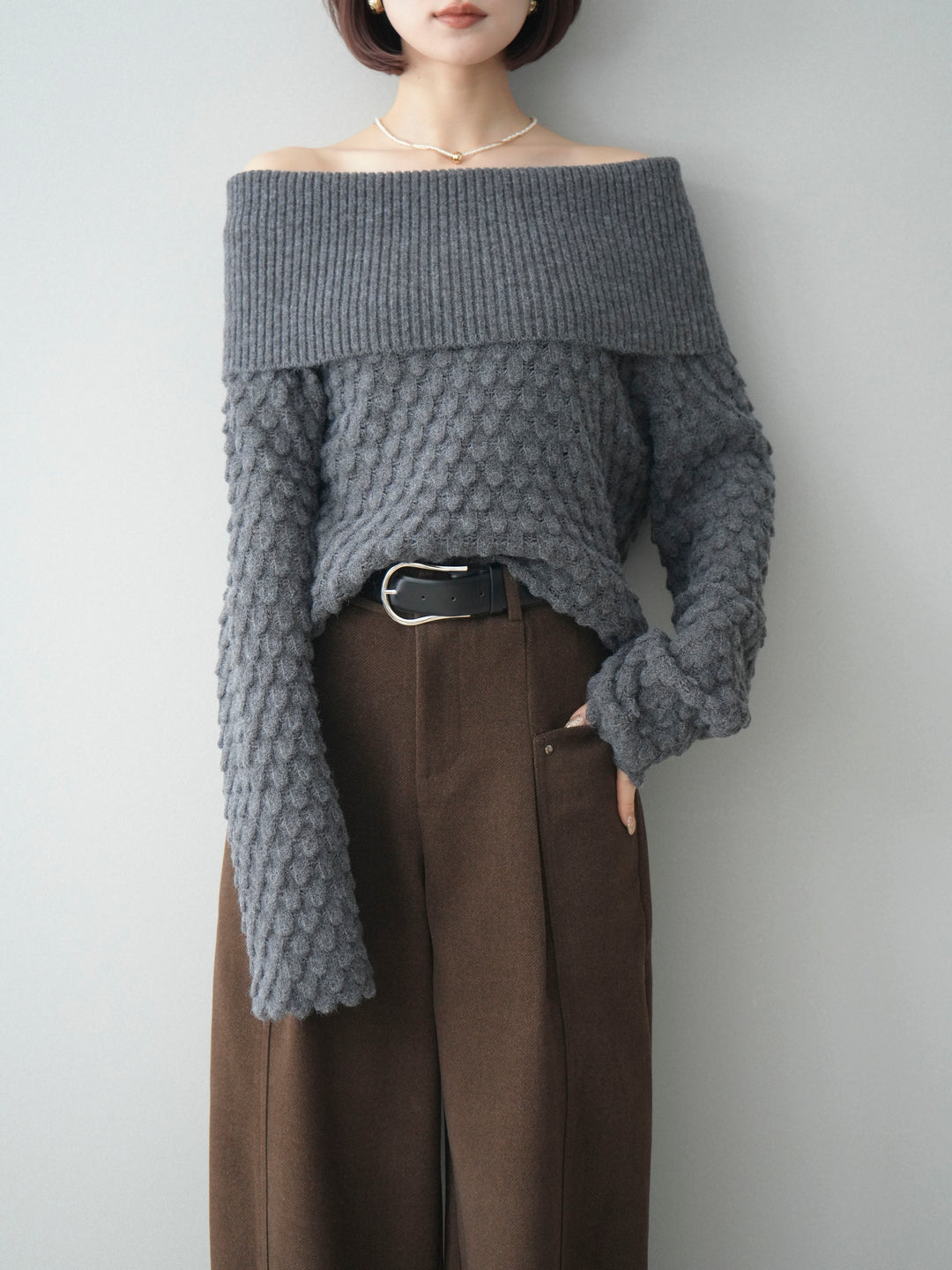 [SET]ポコポコ編みオフショルニットプルオーバー+ベルト付起毛コクーンパンツ(2set)