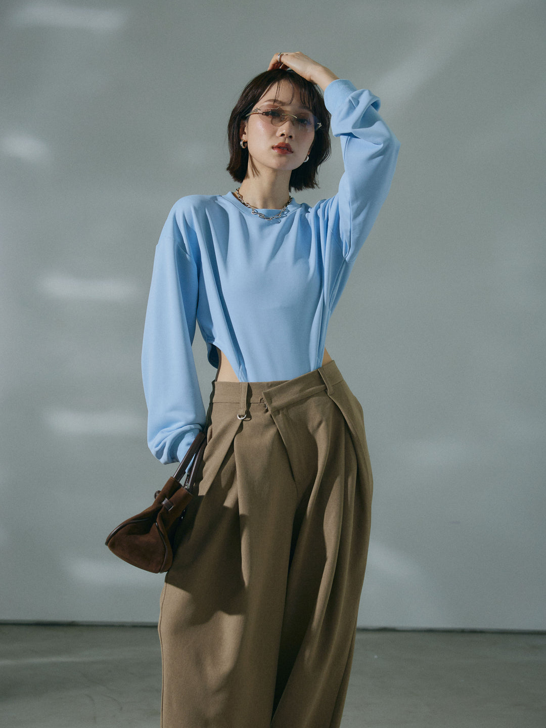 【Allure】[SET]スウェットボディスーツ+アシンメトリーウエストタックパンツ(2set)