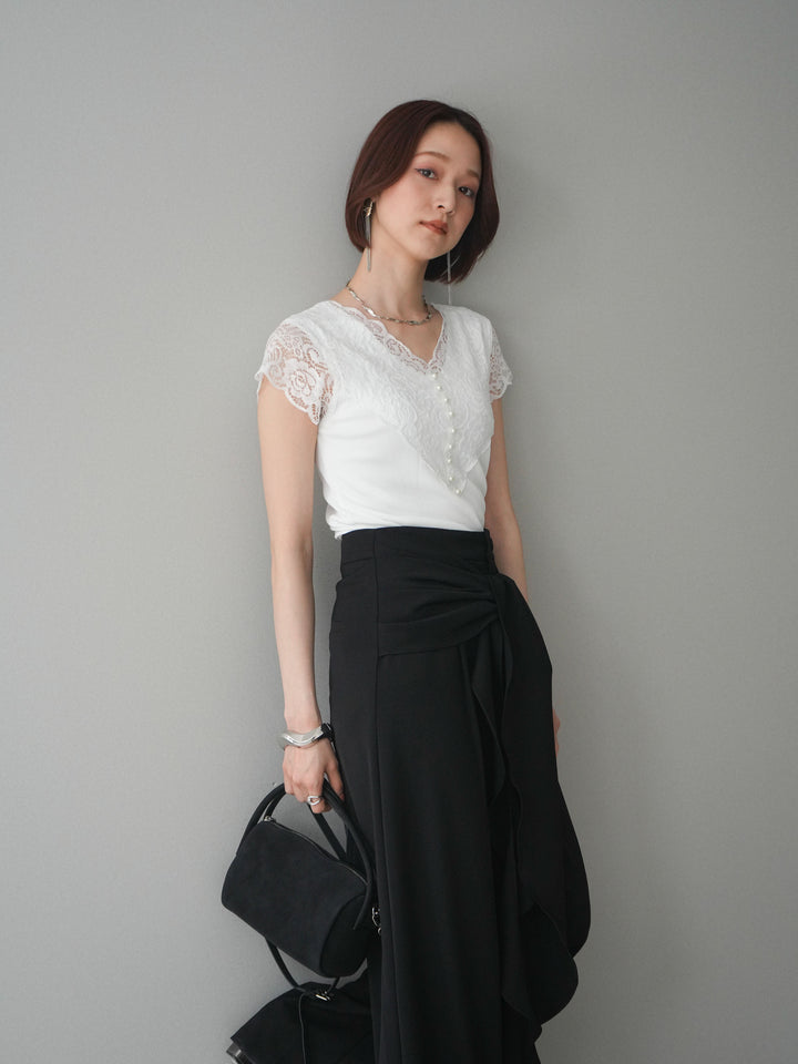 [予約]パールボタンレース切替ニットトップス/white