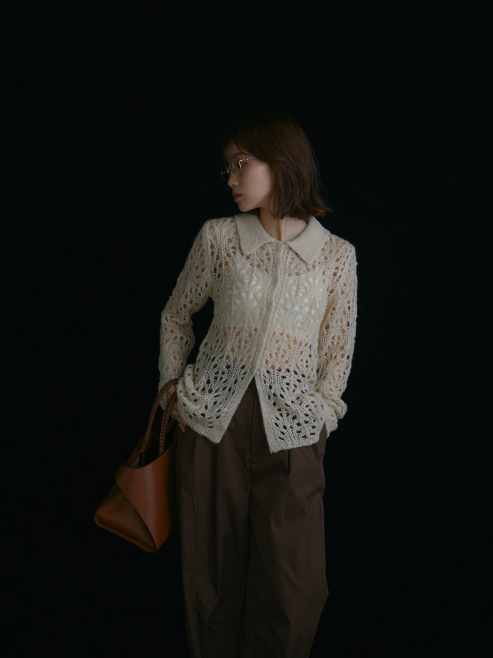 【Allure】[SET]ローゲージ透かし編みポロニッカーディガン+ローゲージ透かし編みポロニッカーディガン(2set)