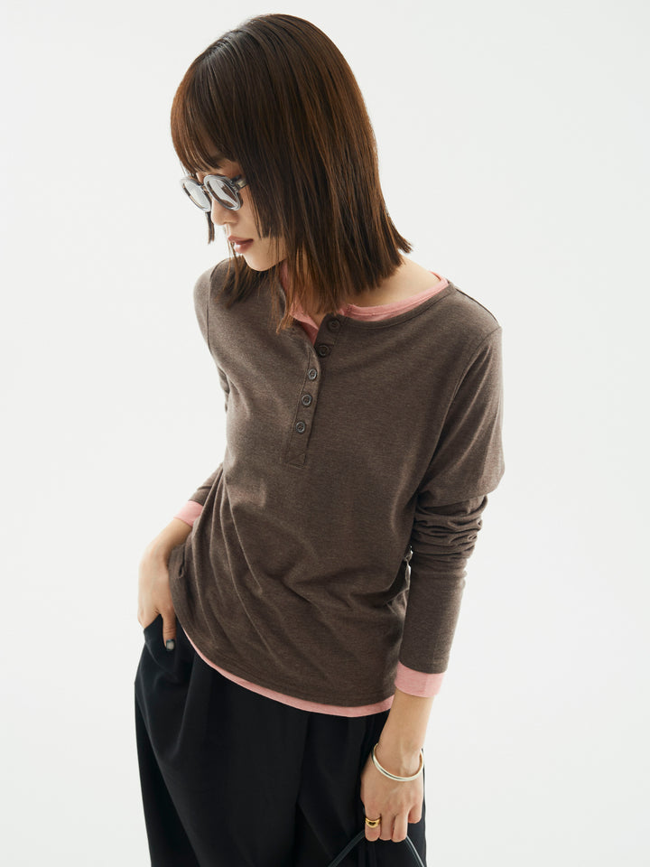 【Allure】[SET]配色レイヤードヘンリーネックトップス+ラップデザインタックワイドパンツ(2set)